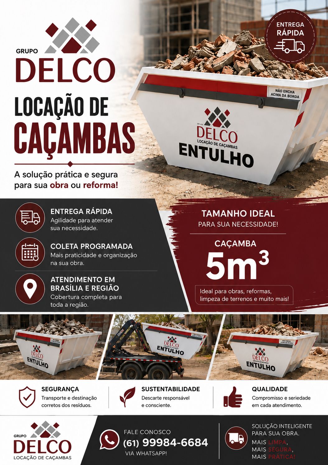 Folder do Grupo Delco sobre locação de caçambas, entrega rápida, coleta programada, atendimento em Brasília e região e caçamba de 5 metros cúbicos